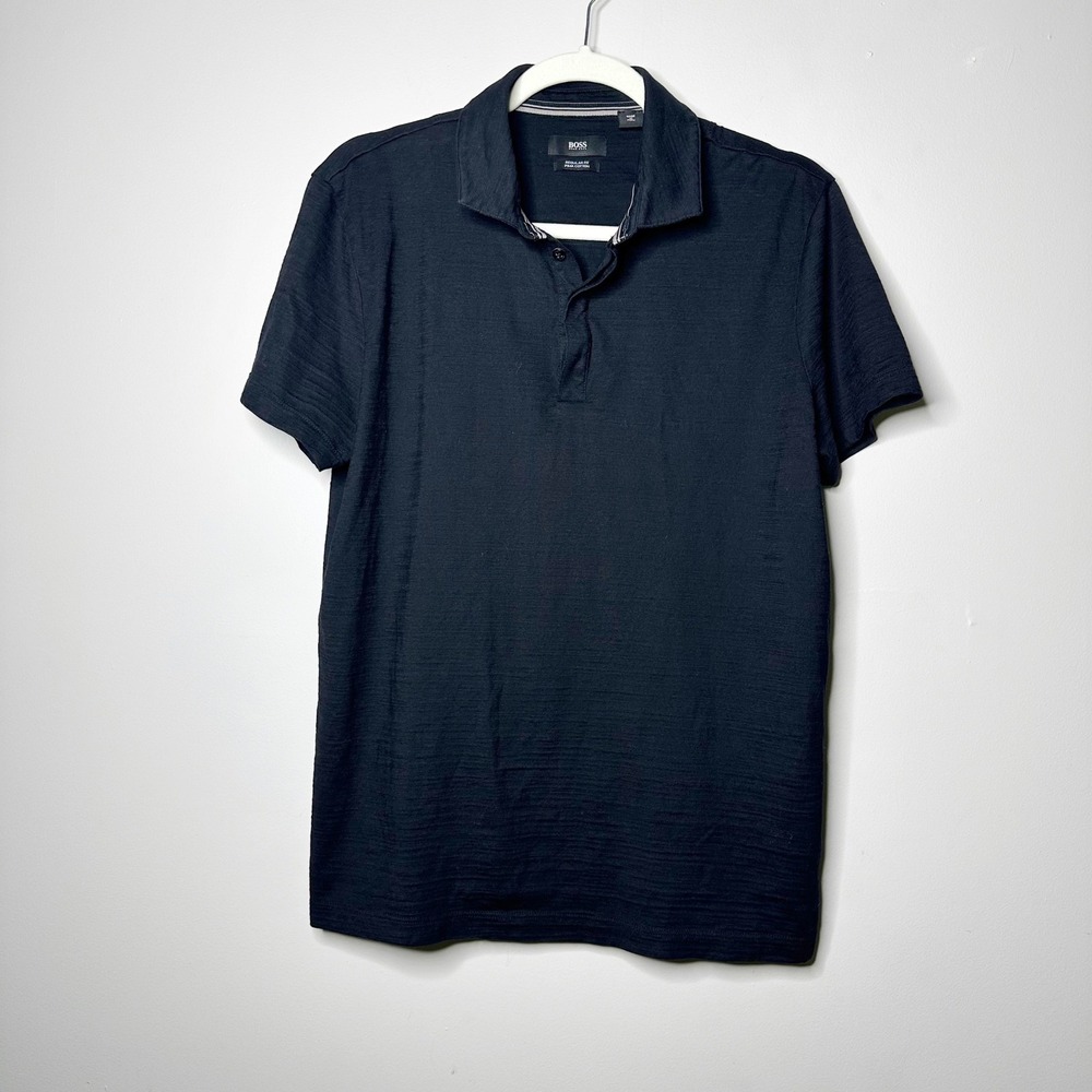 Hugo Boss Polo Shirt Mens Large Black Regular Fit Pima Cotton Slub Knit Office